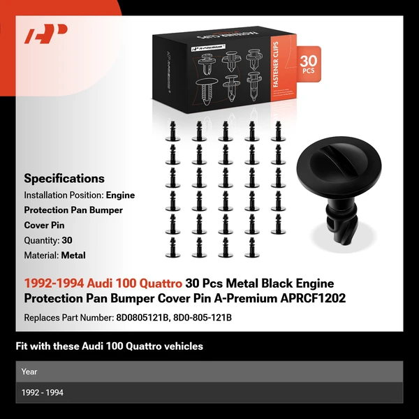 1992-1994 Audi 100 Quattro 30 Pcs Metal Black Engine Protection Pan Bumper Cover Pin A-Premium APRCF1202