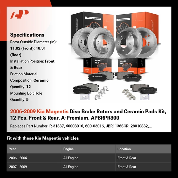 2006-2009 Kia Magentis Disc Brake Rotors and Ceramic Pads Kit, 12 Pcs, Front & Rear, A-Premium, APBRPR300