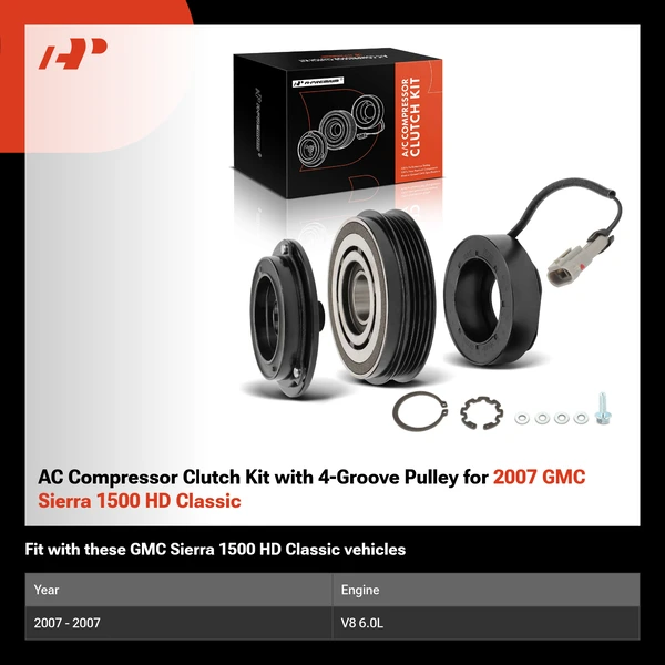 AC Compressor Clutch Kit with 4-Groove Pulley for 2007 GMC Sierra 1500 HD Classic