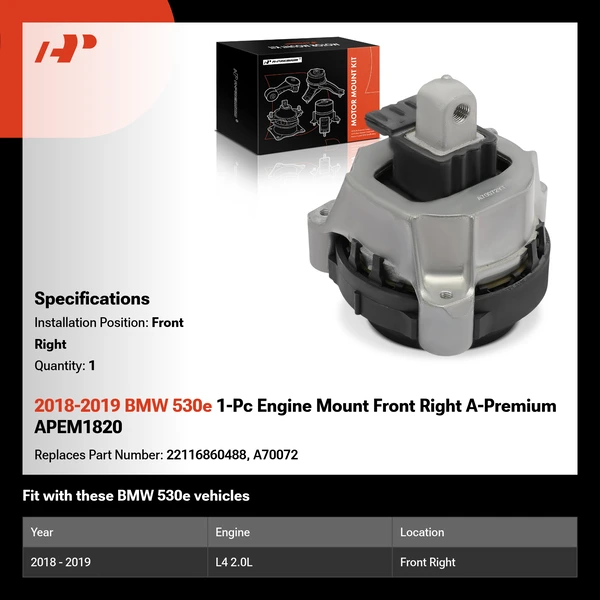 2018-2019 BMW 530e 1-Pc Engine Mount Front Right A-Premium APEM1820