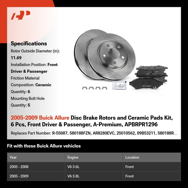 2005-2009 Buick Allure Disc Brake Rotors and Ceramic Pads Kit, 6 Pcs, Front Driver & Passenger, A-Premium, APBRPR1296