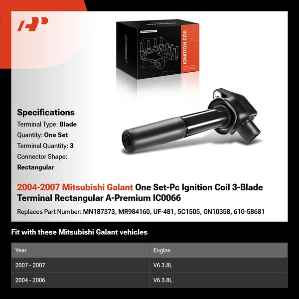 2004-2007 Mitsubishi Galant One Set-Pc Ignition Coil 3-Blade Terminal Rectangular A-Premium IC0066