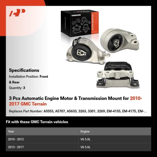 3 Pcs Automatic Engine Motor & Transmission Mount for 2010-2017 GMC Terrain