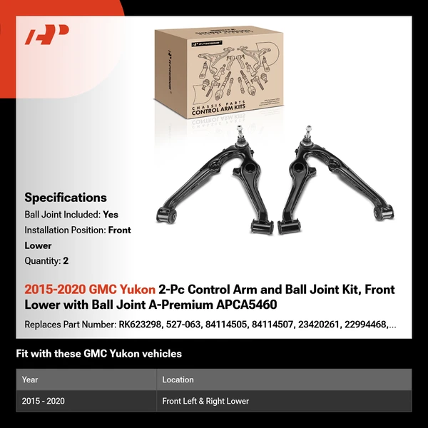 2015-2020 GMC Yukon 2-Pc Control Arm and Ball Joint Kit, Front Lower with Ball Joint A-Premium APCA5460