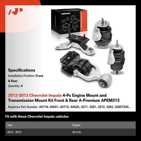 2012-2013 Chevrolet Impala 4-Pc Engine Mount and Transmission Mount Kit Front & Rear A-Premium APEM313