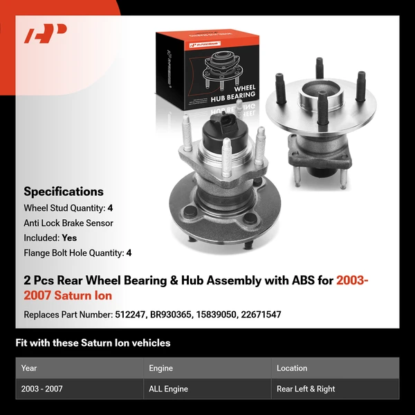 2 Pcs Rear Wheel Bearing & Hub Assembly with ABS for 2003-2007 Saturn Ion