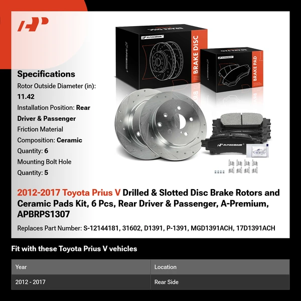 2012-2017 Toyota Prius V Drilled & Slotted Disc Brake Rotors and Ceramic Pads Kit, 6 Pcs, Rear Driver & Passenger, A-Premium, APBRPS1307