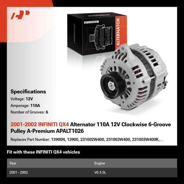 2001-2002 INFINITI QX4 Alternator 110A 12V Clockwise 6-Groove Pulley A-Premium APALT1026