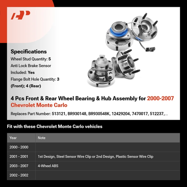 4 Pcs Front & Rear Wheel Bearing & Hub Assembly for 2000-2007 Chevrolet Monte Carlo