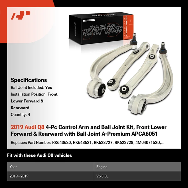 2019 Audi Q8 4-Pc Control Arm and Ball Joint Kit, Front Lower Forward & Rearward with Ball Joint A-Premium APCA6051