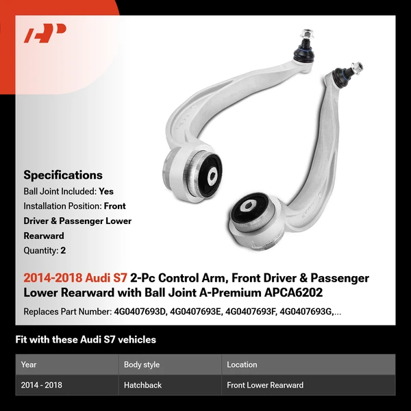 2014-2018 Audi S7 2-Pc Control Arm, Front Driver & Passenger Lower Rearward with Ball Joint A-Premium APCA6202