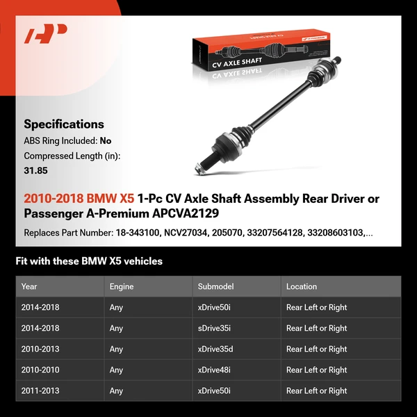 2010-2018 BMW X5 1-Pc CV Axle Shaft Assembly Rear Driver or Passenger A-Premium APCVA2129