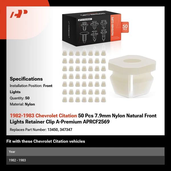 1982-1983 Chevrolet Citation 50 Pcs 7.9mm Nylon Natural Front Lights Retainer Clip A-Premium APRCF2569