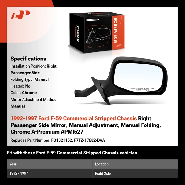 1992-1997 Ford F-59 Commercial Stripped Chassis Right Passenger Side Mirror, Manual Adjustment, Manual Folding, Chrome A-Premium APMI527