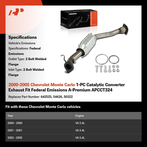 2000-2005 Chevrolet Monte Carlo 1-PC Catalytic Converter Exhaust Fit Federal Emissions A-Premium APCCT324