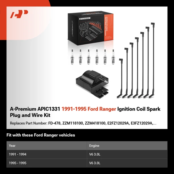 A-Premium APIC1331 1991-1995 Ford Ranger Ignition Coil Spark Plug and Wire Kit