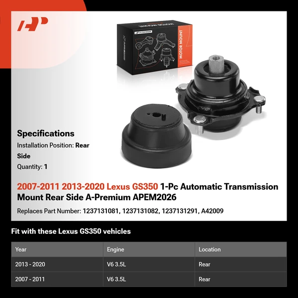 2007-2011 2013-2020 Lexus GS350 1-Pc Automatic Transmission Mount Rear Side A-Premium APEM2026