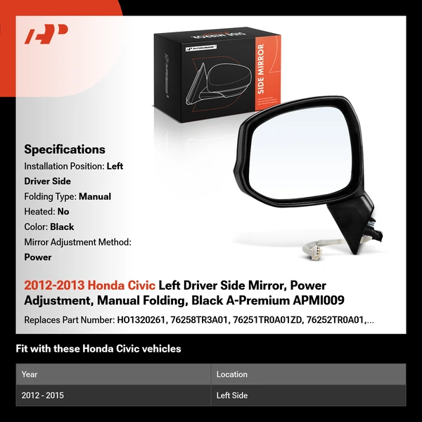 2012-2013 Honda Civic Left Driver Side Mirror, Power Adjustment, Manual Folding, Black A-Premium APMI009