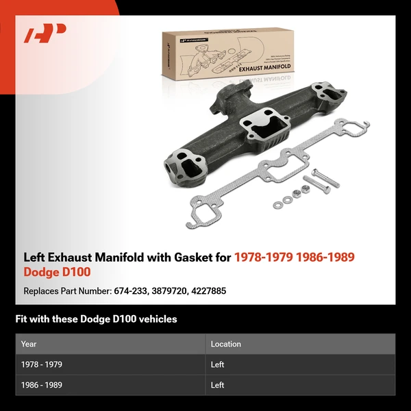 Left Exhaust Manifold with Gasket for 1978-1979 1986-1989 Dodge D100