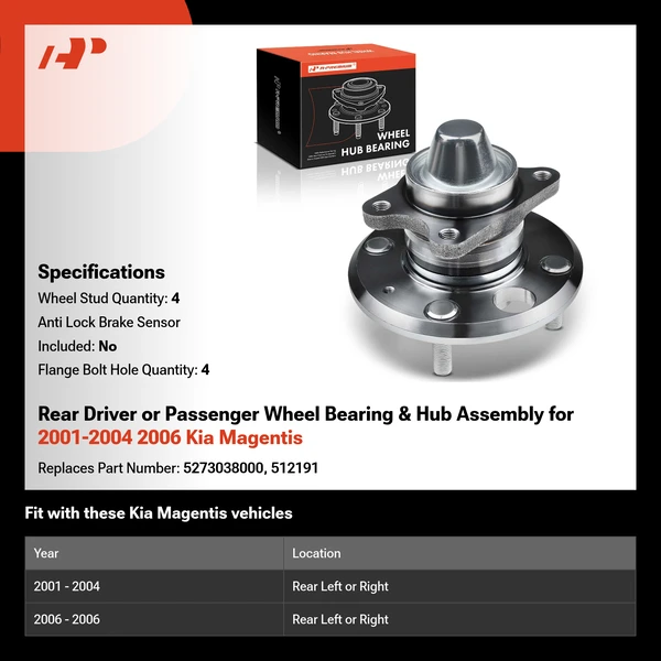 Rear Driver or Passenger Wheel Bearing & Hub Assembly for 2001-2004 2006 Kia Magentis
