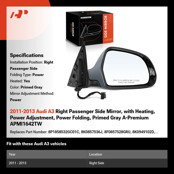 2011-2013 Audi A3 Right Passenger Side Mirror, with Heating, Power Adjustment, Power Folding, Primed Gray A-Premium APMI1642TW