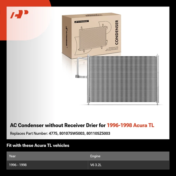 AC Condenser without Receiver Drier for 1996-1998 Acura TL