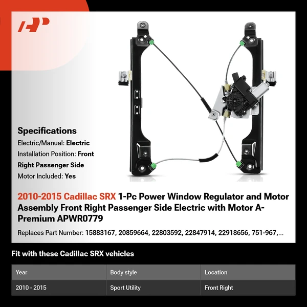 2010-2015 Cadillac SRX 1-Pc Power Window Regulator and Motor Assembly Front Right Passenger Side Electric with Motor A-Premium APWR0779