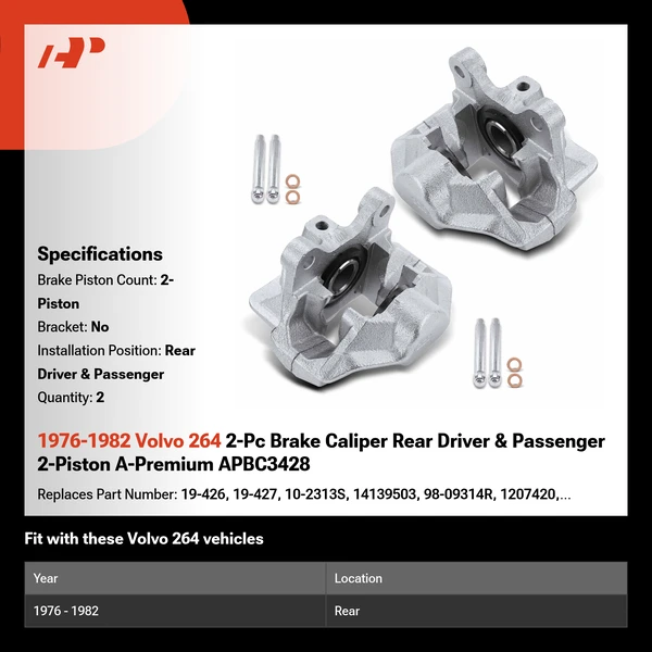 1976-1982 Volvo 264 2-Pc Brake Caliper Rear Driver & Passenger 2-Piston A-Premium APBC3428