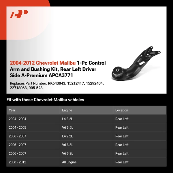 2004-2012 Chevrolet Malibu 1-Pc Control Arm and Bushing Kit, Rear Left Driver Side A-Premium APCA3771