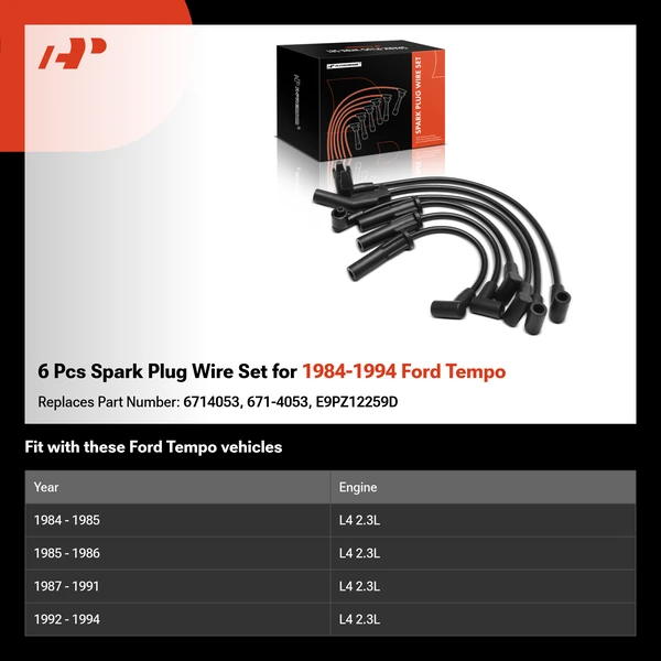 6 Pcs Spark Plug Wire Set for 1984-1994 Ford Tempo