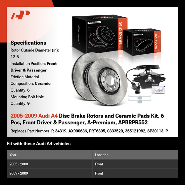 2005-2009 Audi A4 Disc Brake Rotors and Ceramic Pads Kit, 6 Pcs, Front Driver & Passenger, A-Premium, APBRPR552