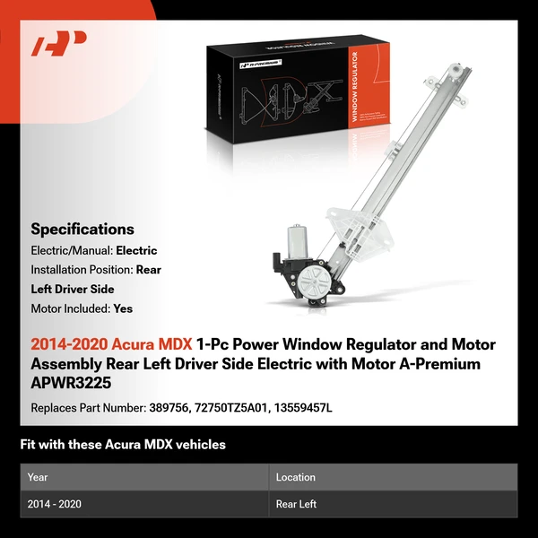 2014-2020 Acura MDX 1-Pc Power Window Regulator and Motor Assembly Rear Left Driver Side Electric with Motor A-Premium APWR3225