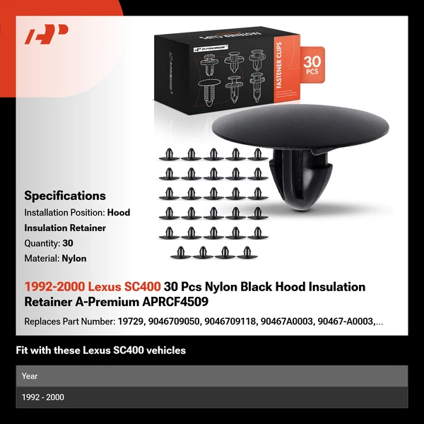 1992-2000 Lexus SC400 30 Pcs Nylon Black Hood Insulation Retainer A-Premium APRCF4509