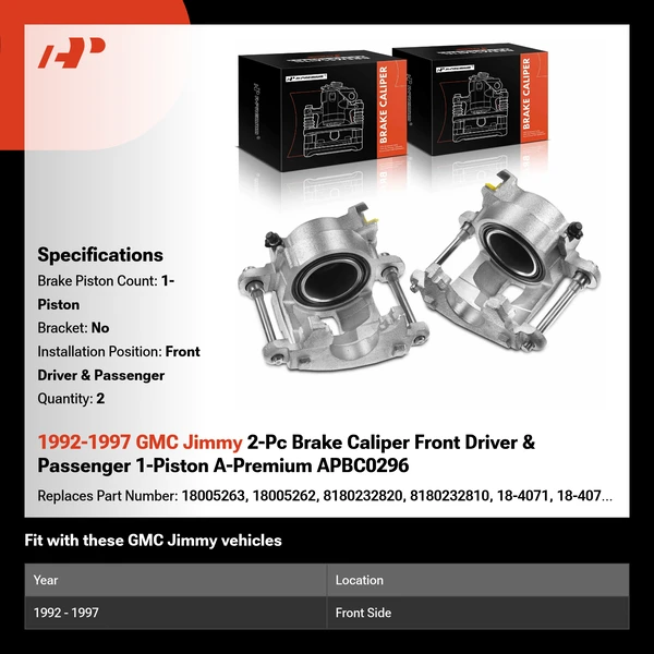 1992-1997 GMC Jimmy 2-Pc Brake Caliper Front Driver & Passenger 1-Piston A-Premium APBC0296