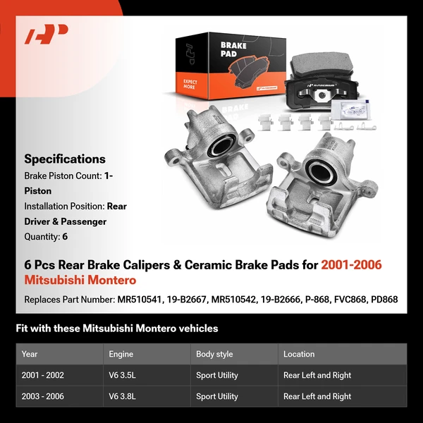 6 Pcs Rear Brake Calipers & Ceramic Brake Pads for 2001-2006 Mitsubishi Montero