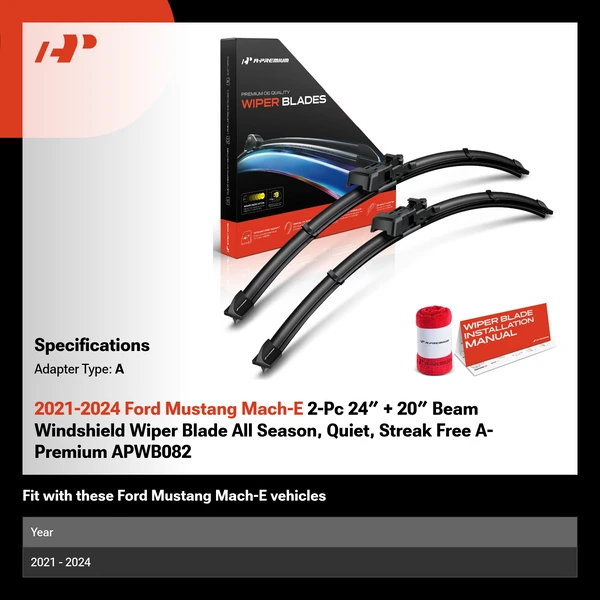 2021-2024 Ford Mustang Mach-E 2-Pc 24″ + 20″ Beam Windshield Wiper Blade All Season, Quiet, Streak Free A-Premium APWB082
