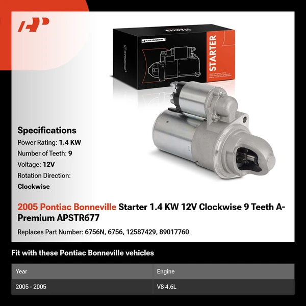 2005 Pontiac Bonneville Starter 1.4 KW 12V Clockwise 9 Teeth A-Premium APSTR677