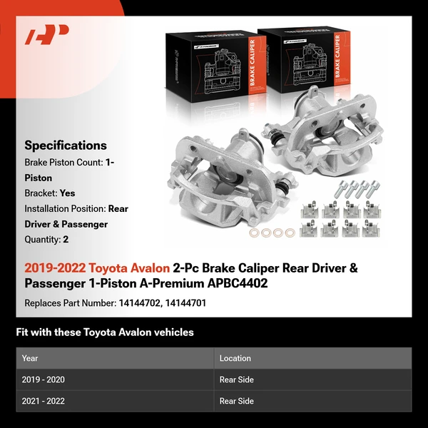 2019-2022 Toyota Avalon 2-Pc Brake Caliper Rear Driver & Passenger 1-Piston A-Premium APBC4402