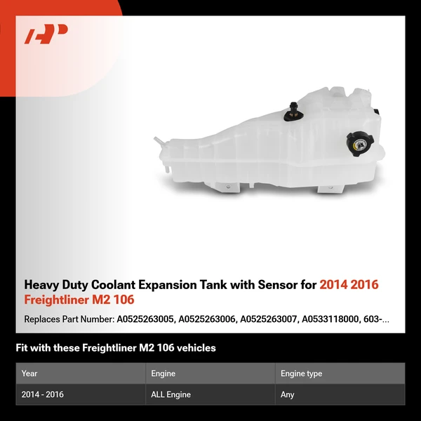 Heavy Duty Coolant Expansion Tank with Sensor for 2014 2016 Freightliner M2 106