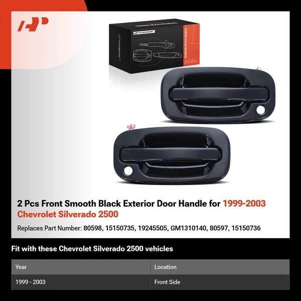 2 Pcs Front Smooth Black Exterior Door Handle for 1999-2003 Chevrolet Silverado 2500