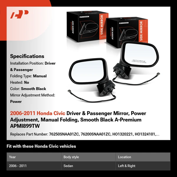 2006-2011 Honda Civic Driver & Passenger Mirror, Power Adjustment, Manual Folding, Smooth Black A-Premium APMI899TW