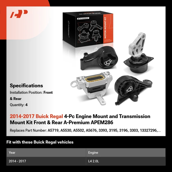 2014-2017 Buick Regal 4-Pc Engine Mount and Transmission Mount Kit Front & Rear A-Premium APEM286