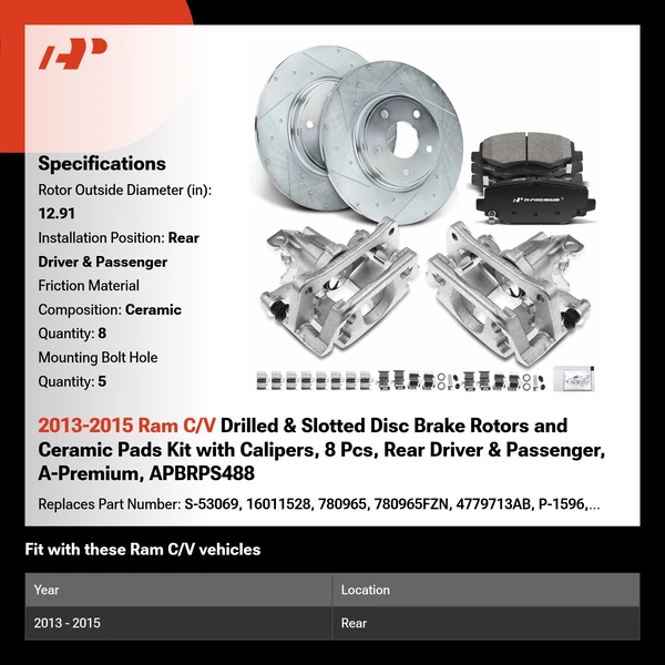 2013-2015 Ram C/V Drilled & Slotted Disc Brake Rotors and Ceramic Pads Kit with Calipers, 8 Pcs, Rear Driver & Passenger, A-Premium, APBRPS488