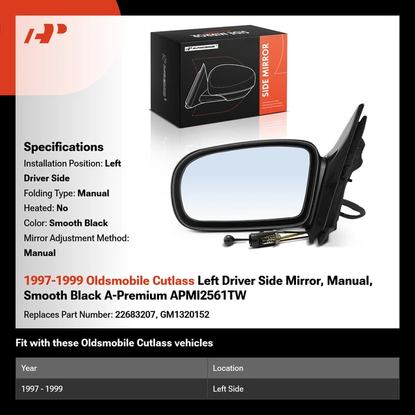 1997-1999 Oldsmobile Cutlass Left Driver Side Mirror, Manual Adjustment, Manual Folding, Smooth Black A-Premium APMI2561TW