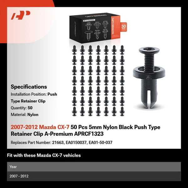2007-2012 Mazda CX-7 50 Pcs 5mm Nylon Black Push Type Retainer Clip A-Premium APRCF1323