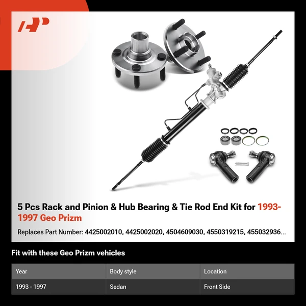 5 Pcs Rack and Pinion & Hub Bearing & Tie Rod End Kit for 1993-1997 Geo Prizm