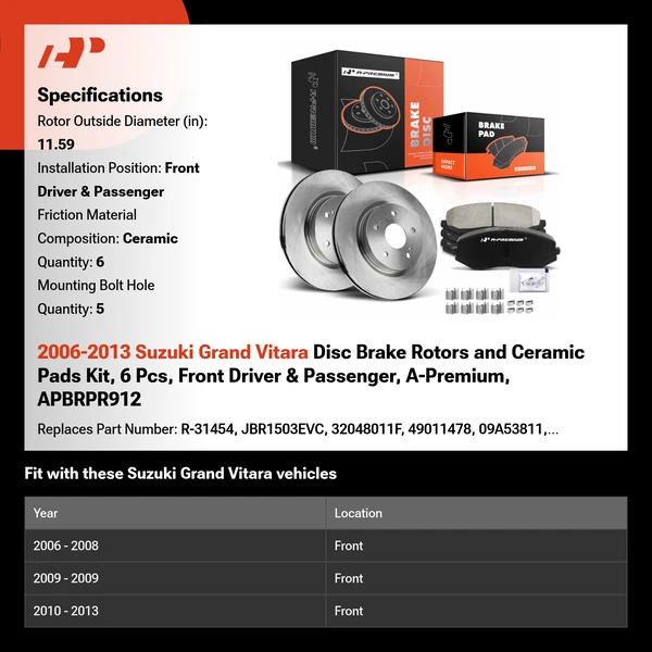 2006-2013 Suzuki Grand Vitara Disc Brake Rotors and Ceramic Pads Kit, 6 Pcs, Front Driver & Passenger, A-Premium, APBRPR912