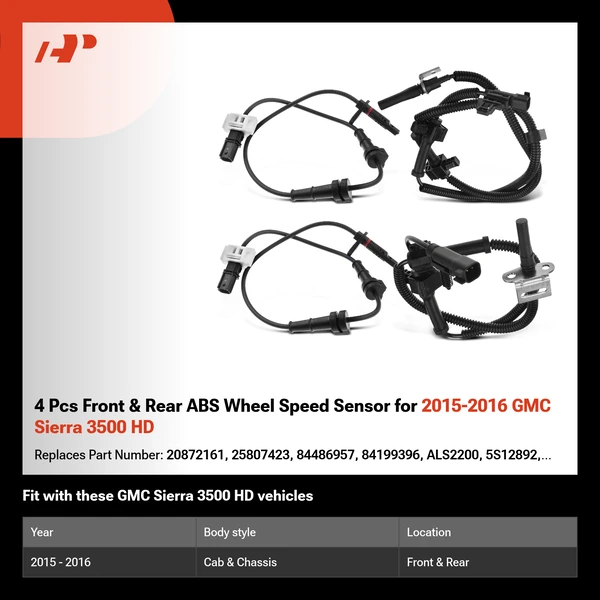 4 Pcs Front & Rear ABS Wheel Speed Sensor for 2015-2016 GMC Sierra 3500 HD