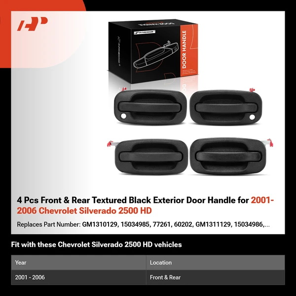 4 Pcs Front & Rear Textured Black Exterior Door Handle for 2001-2006 Chevrolet Silverado 2500 HD