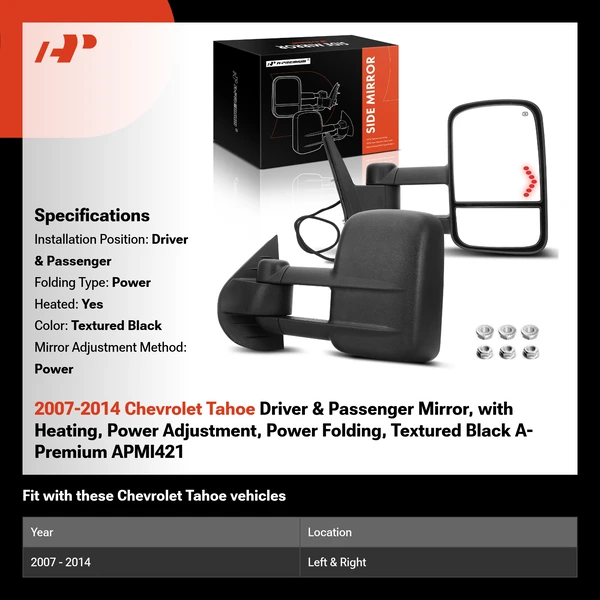 2007-2014 Chevrolet Tahoe Driver & Passenger Mirror, with Heating, Power Adjustment, Power Folding, Textured Black A-Premium APMI421